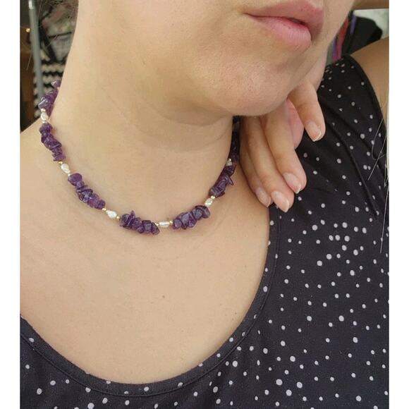 Handmade Artisan Necklace Genuine Amethyst, Pearl 14K Gold Filled February Stone - Picture 7 of 7